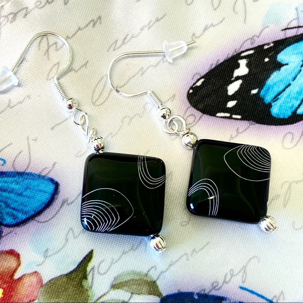 Earrings Black Onyx & Silver Art Deco-NEW